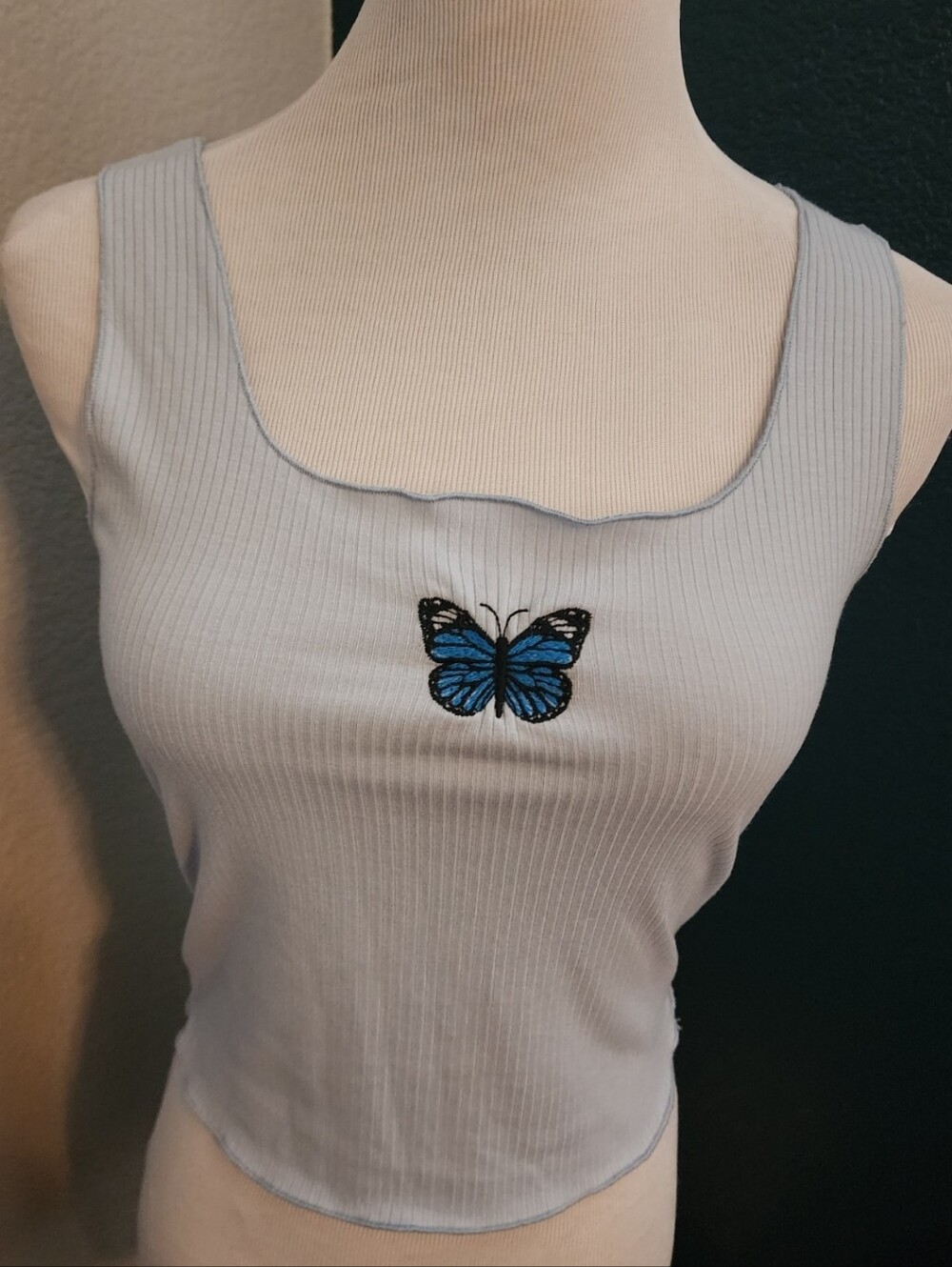 Caution To The Wind Light Blue Ribbed Tank with Blue Butterfly